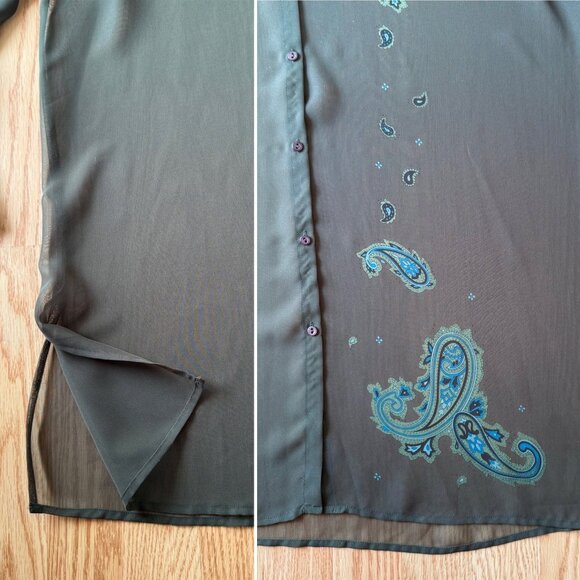 Norton Womens Sheer Button-Up Blouse size XL Paisley Print Accents Olive Green - Picture 7 of 9